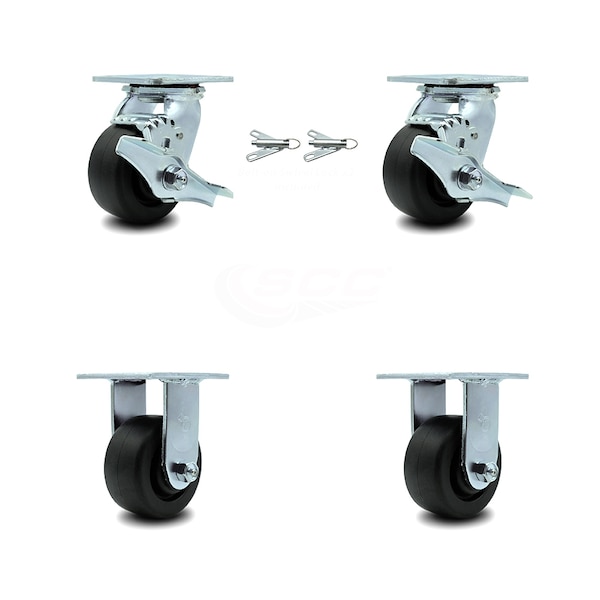 4 Inch Polyolefin Caster Set with Ball Bearings 2 Brakes 2 Rigid
